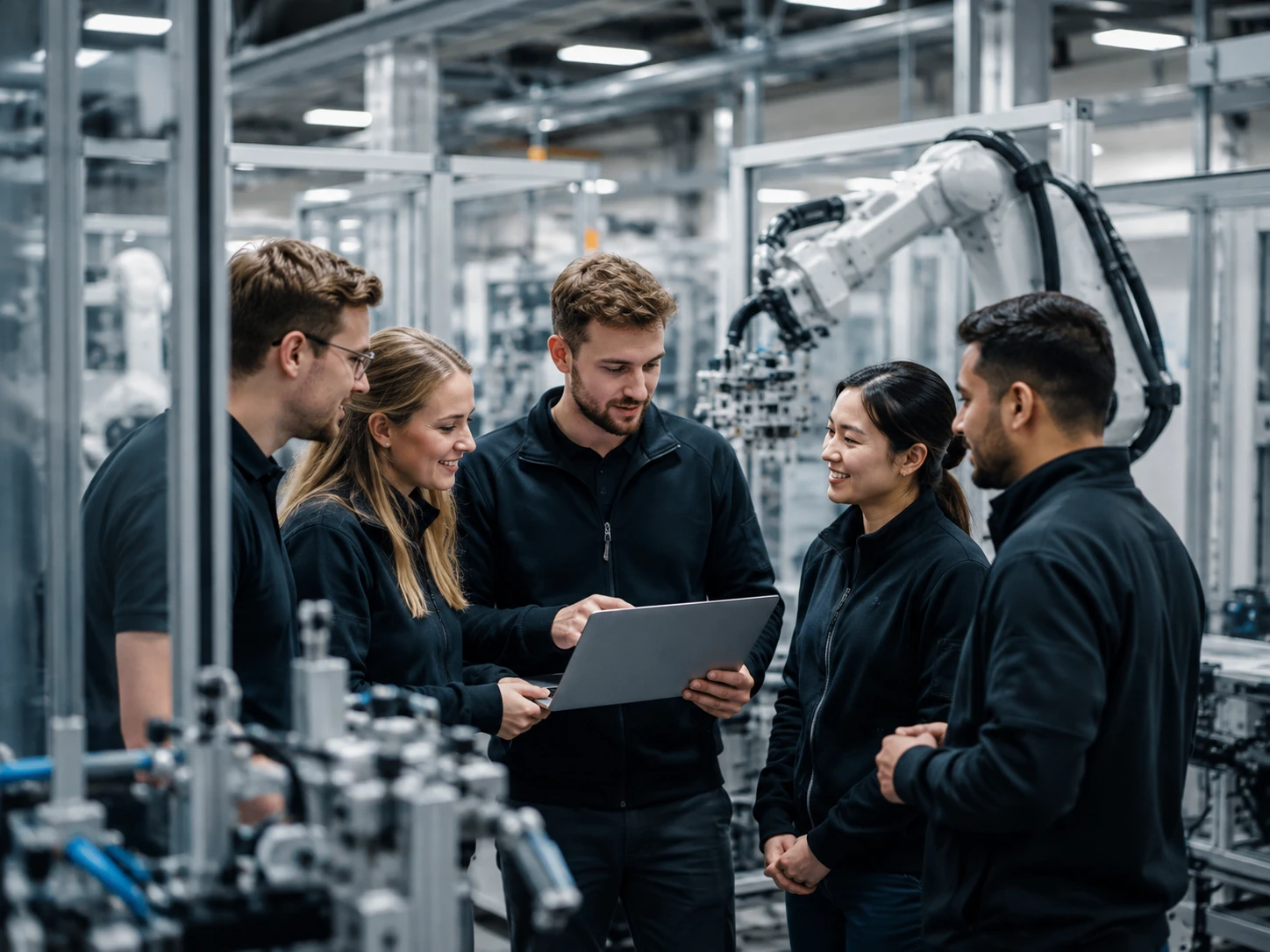 Engineering-Team bei der Projektbesprechung in modernem Robotik-Labor