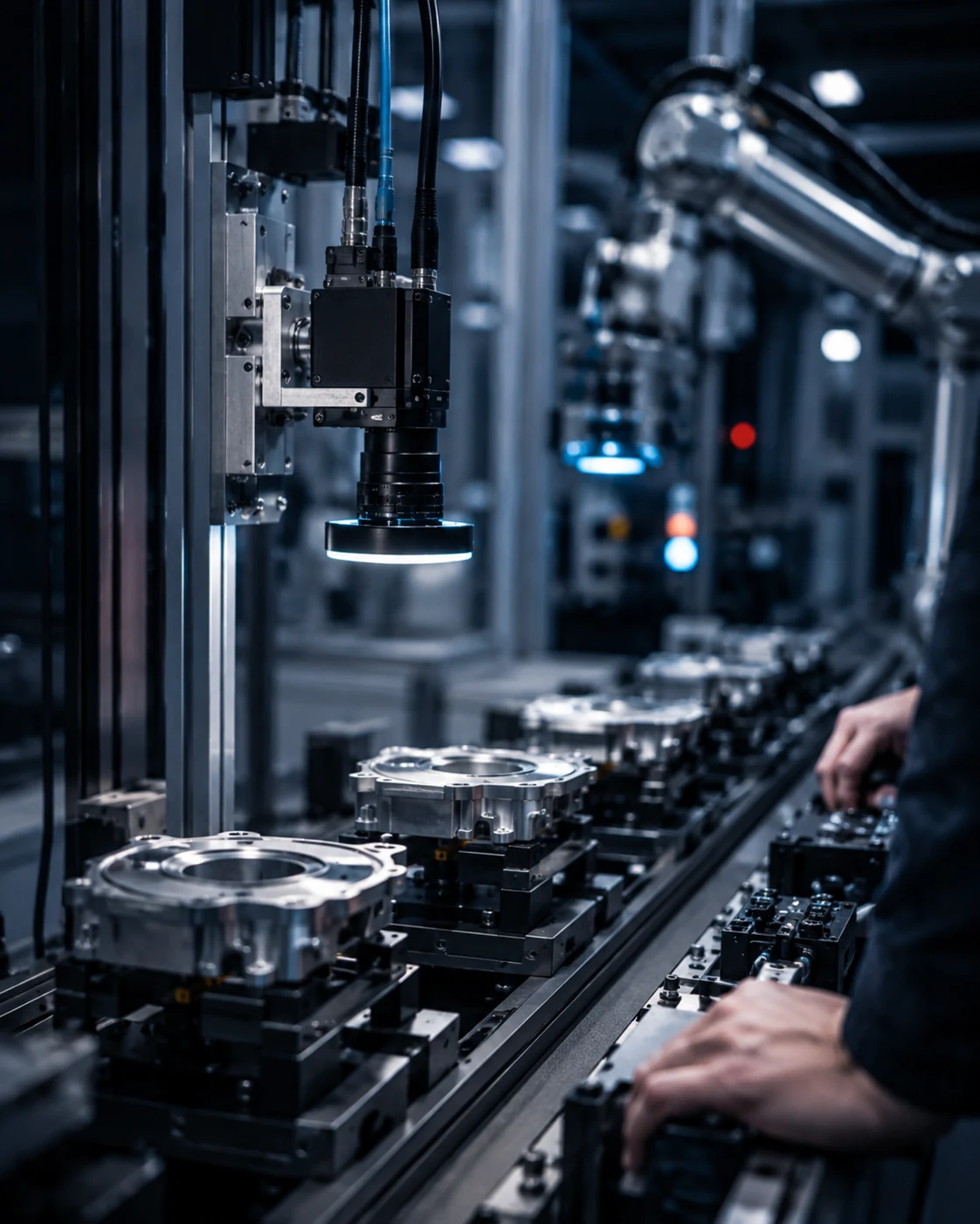 Industrielle Vision-Kamera bei der optischen Qualitätsprüfung von Präzisionsbauteilen auf einer Montagelinie