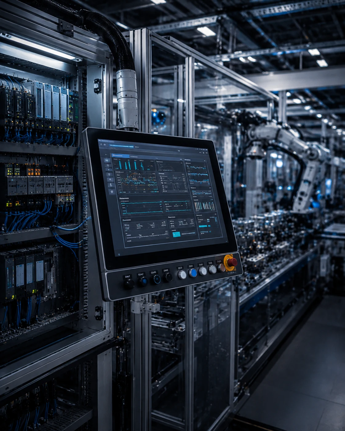 HMI-Touchscreen mit SCADA-Dashboard vor SPS-Schaltschrank, Industrieroboter im Hintergrund