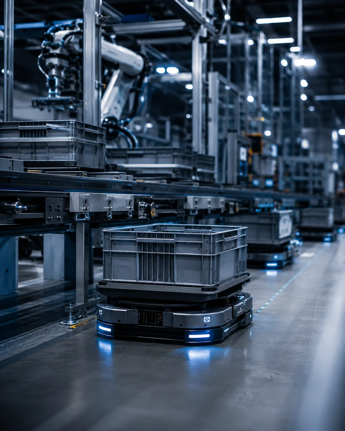 AMR-Fahrzeug mit Transportbehälter in automatisierter Fabrikhalle, Roboterarm im Hintergrund