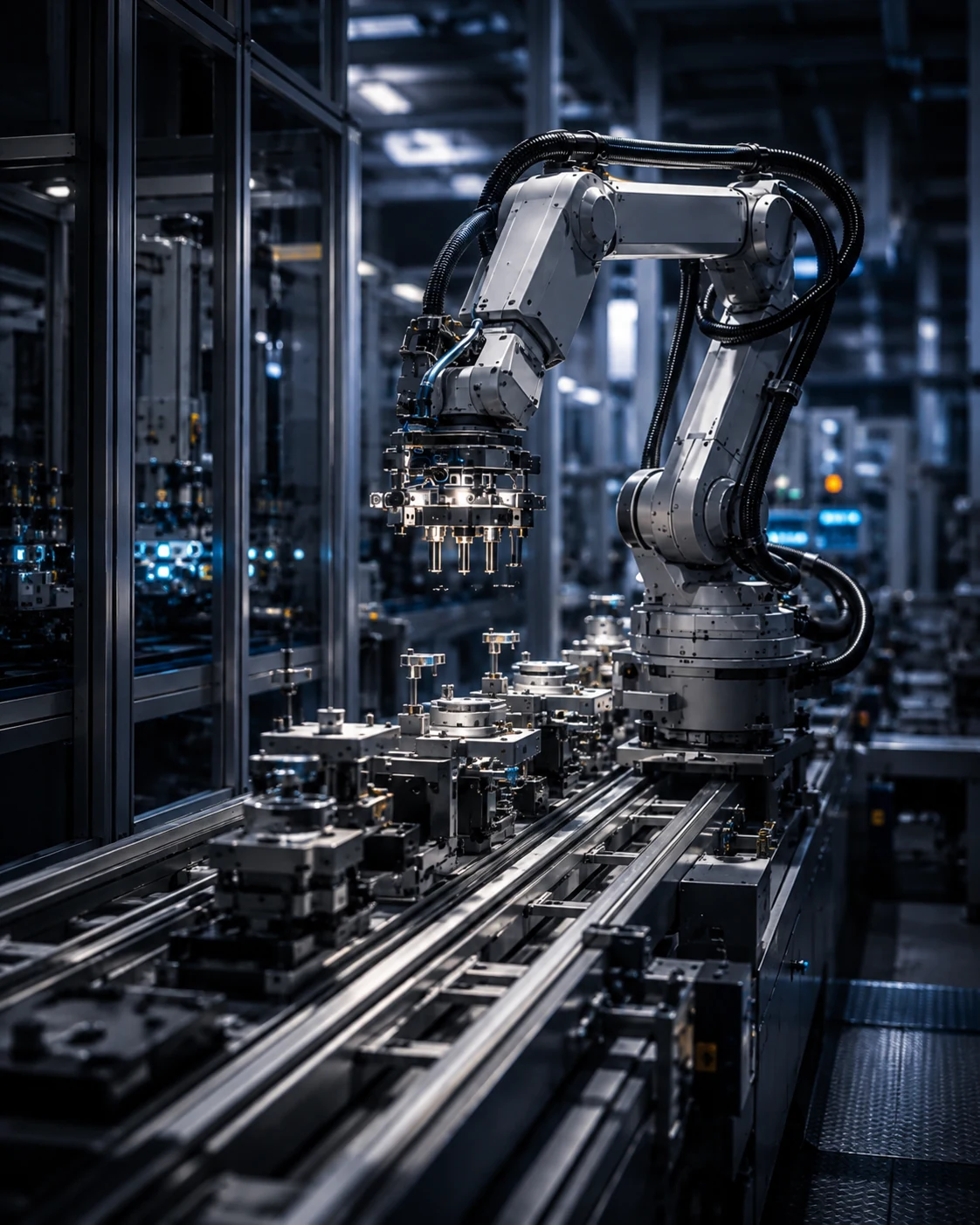 Weißer Industrieroboterarm auf präziser Linearschienen-Montagelinie in blau beleuchteter Fabrikhalle