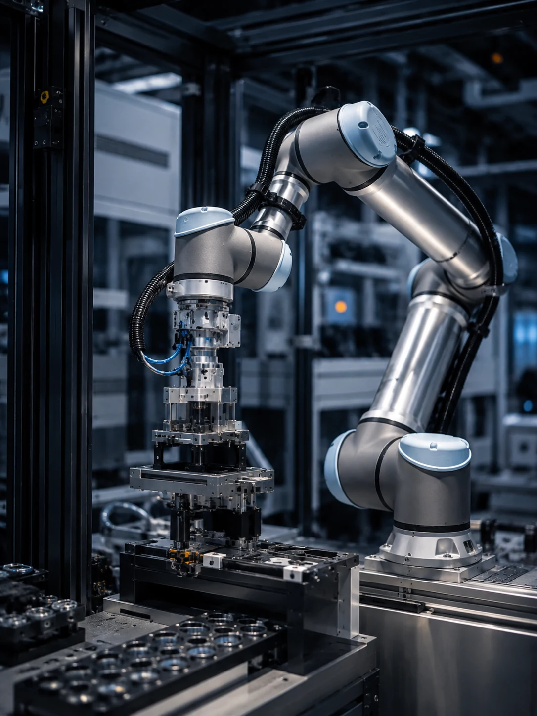 UR Cobot-Arm mit komplexem End-of-Arm-Tooling an präziser Montagezelle, blau-getönte Industriehalle