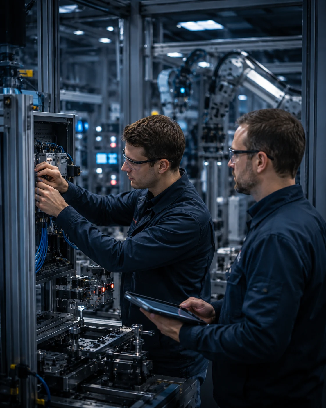 Zwei Ingenieure in dunklen Arbeitsanzügen bei Inbetriebnahme und Retrofit am Schaltschrank, Roboterarm im Hintergrund